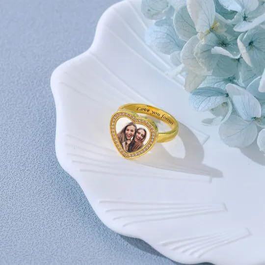 10K Gold Cubic Zirconia Personalized Engraving & Personalized Photo & Heart Ring-3