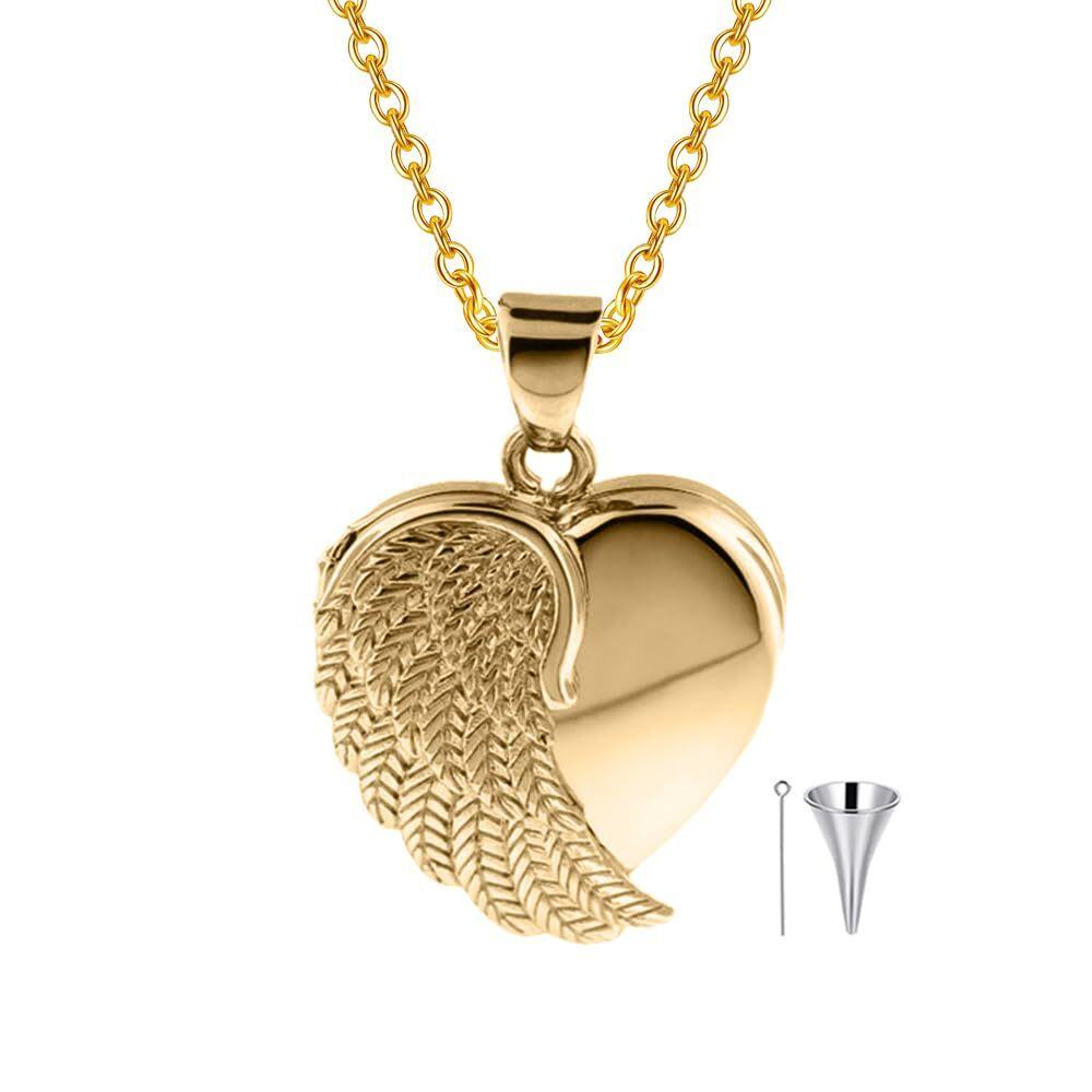 Collar con urna para cenizas con forma de corazón y alas de ángel con foto grabada personalizada en oro de 10 quilates-1