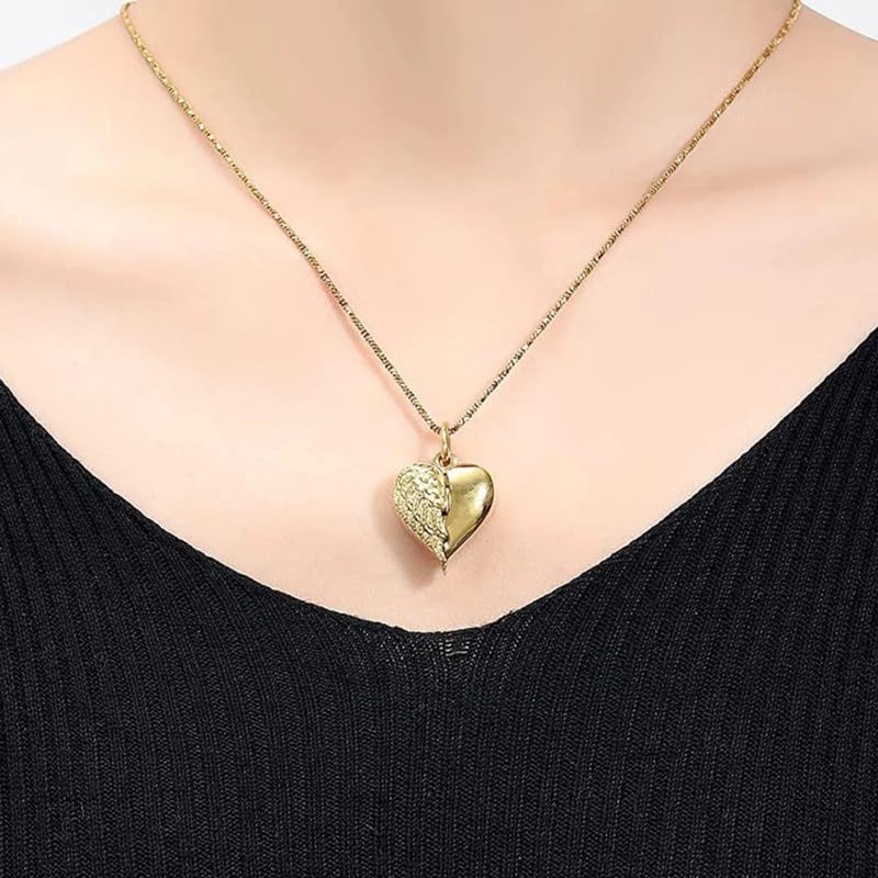 10 Karat Gelbgold, personalisierte Gravur mit personalisiertem Foto, Engelsflügel-Herz-Urnenhalskette für Asche für Frauen-2