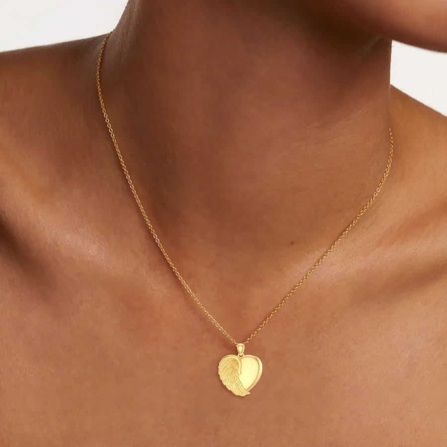 10 Karat Gelbgold, personalisierte Gravur mit personalisiertem Foto, Engelsflügel-Herz-Urnenhalskette für Asche für Frauen-4