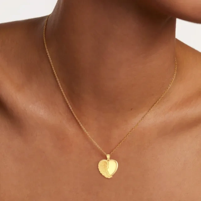 Collana con ciondolo con foto e incisione personalizzata in oro 10K, a forma di cuore con ali d'angelo, per ceneri-4