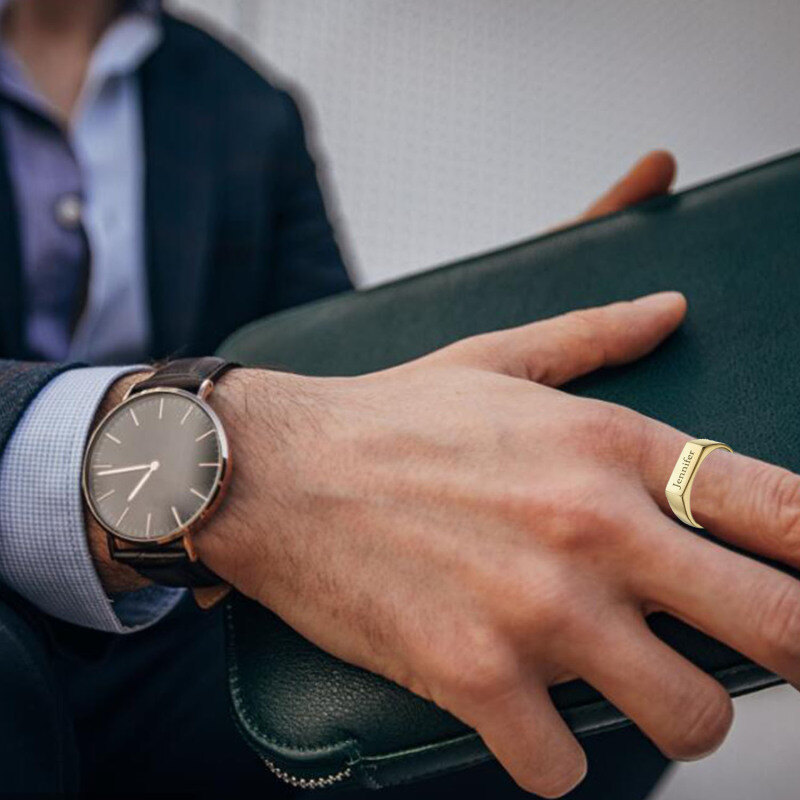 Anel personalizado com gravação em ouro branco 10K-5