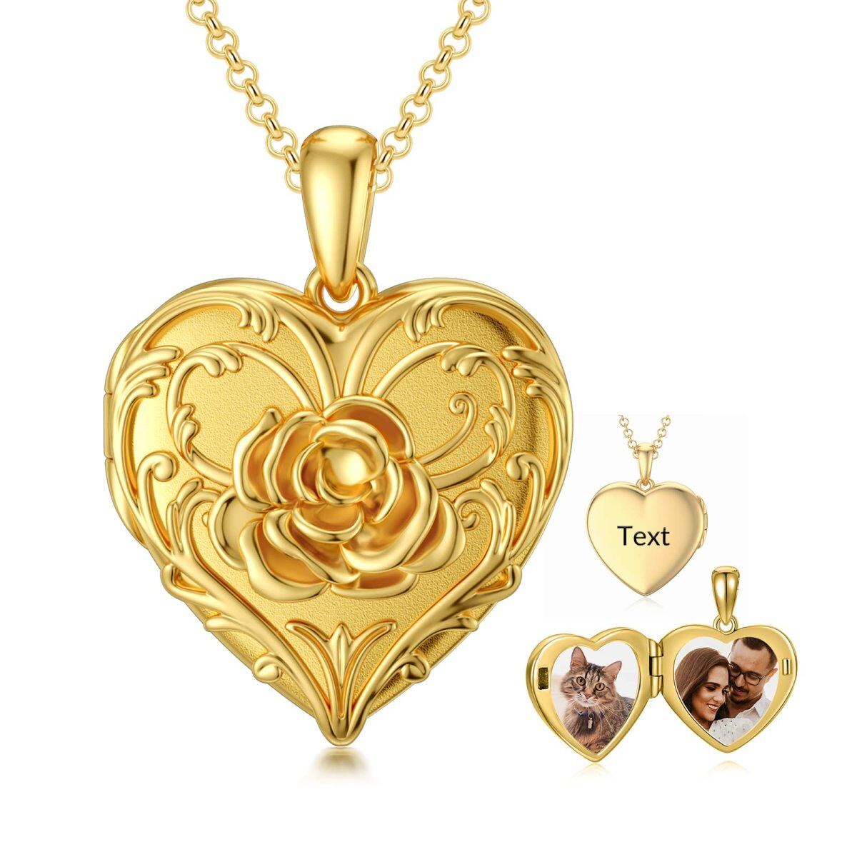 10K Gold Rose With Personalized Engraving With Heart Personalized Photo Locket Necklace For Women-1