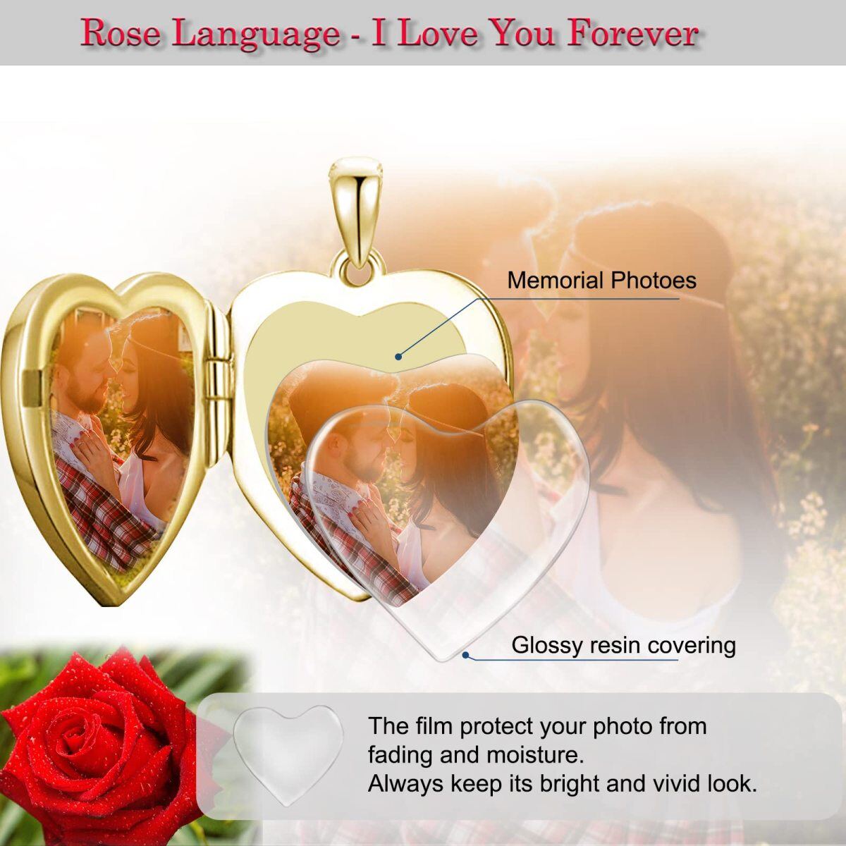 10K Gold Rose & Personalized Photo & Heart Personalized Photo Locket Necklace-5