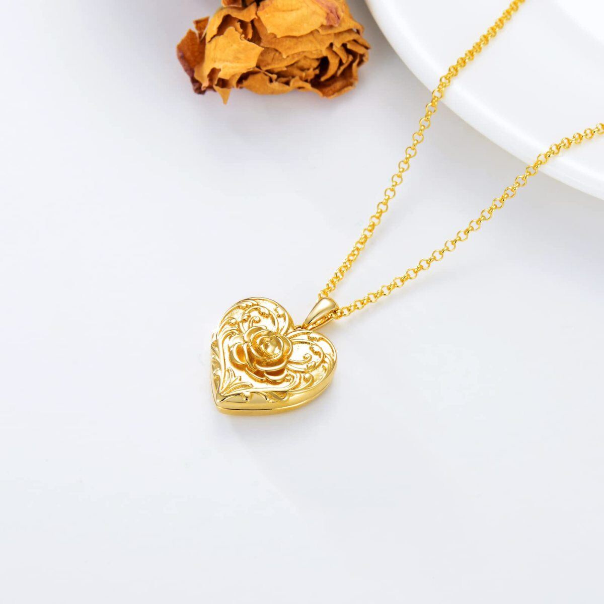 10K Gold Rose & Personalized Photo & Heart Personalized Photo Locket Necklace-4