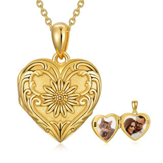 10K Gold Sunflower & Heart Personalized Photo Locket Necklace-42