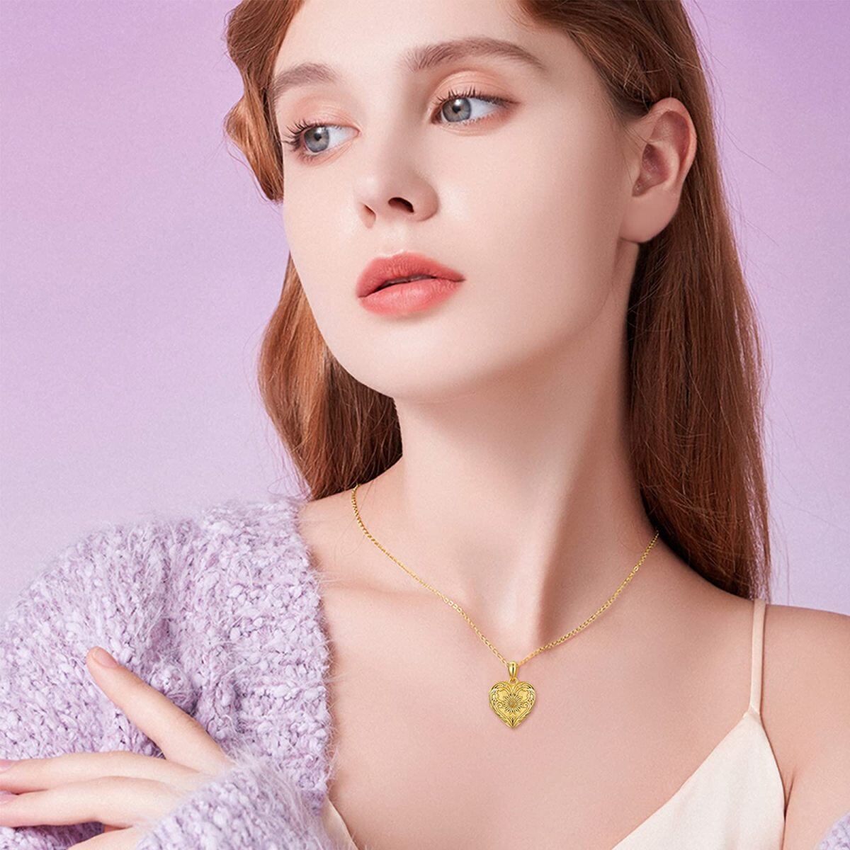 Collier médaillon photo personnalisé en forme de cœur de tournesol en or 10 carats-2