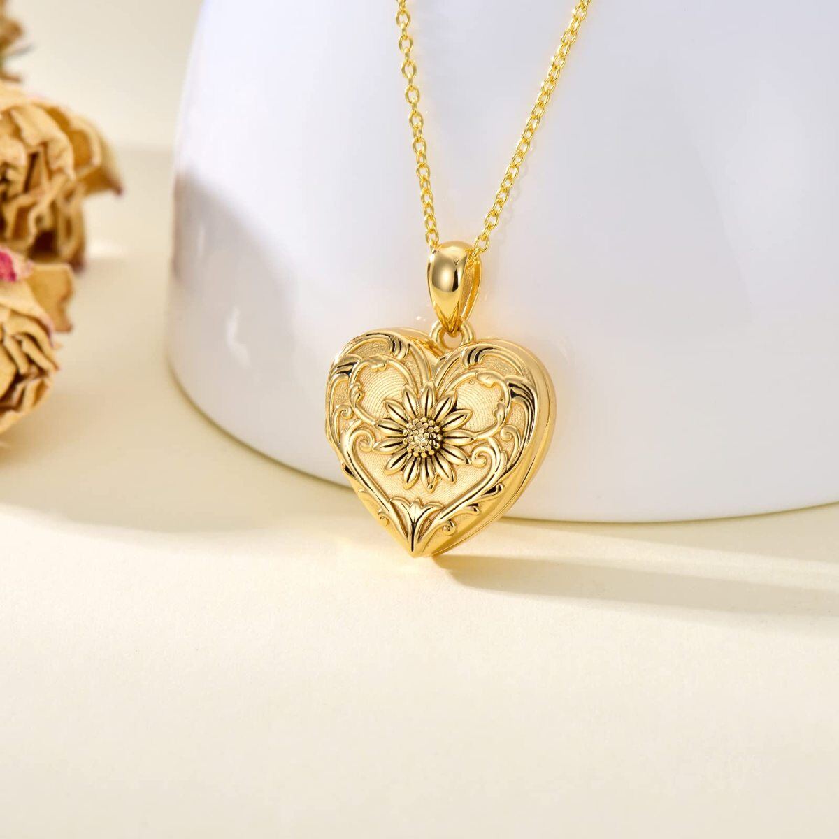 Collier médaillon photo personnalisé en forme de cœur de tournesol en or 10 carats-3