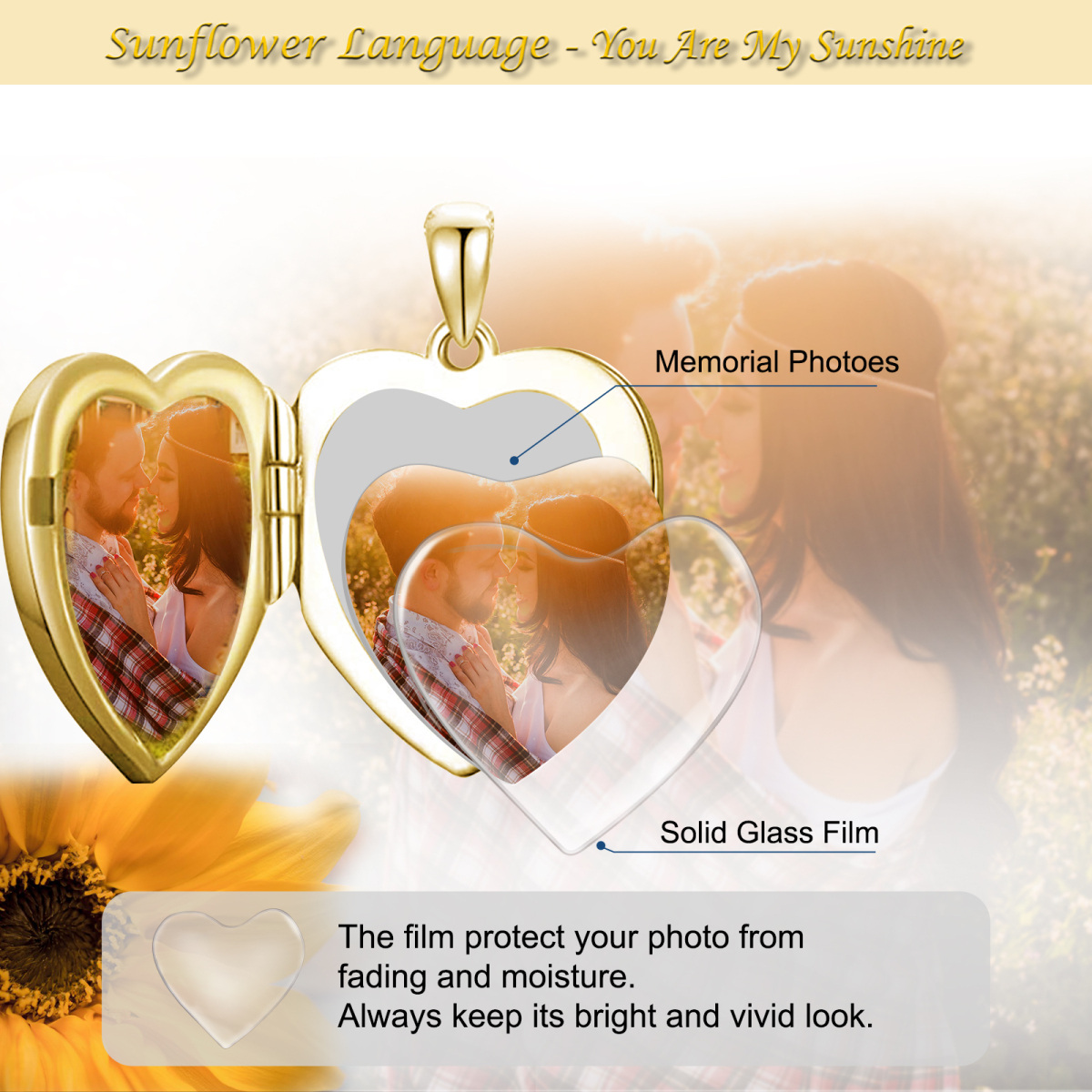 10K Gold & Personalized Engraving Sunflower & Personalized Photo & Heart Personalized Photo Locket Necklace-5