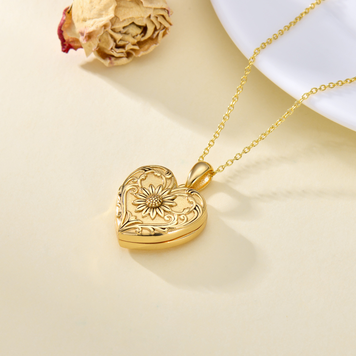 10K Gold & Personalized Engraving Sunflower & Personalized Photo & Heart Personalized Photo Locket Necklace-6