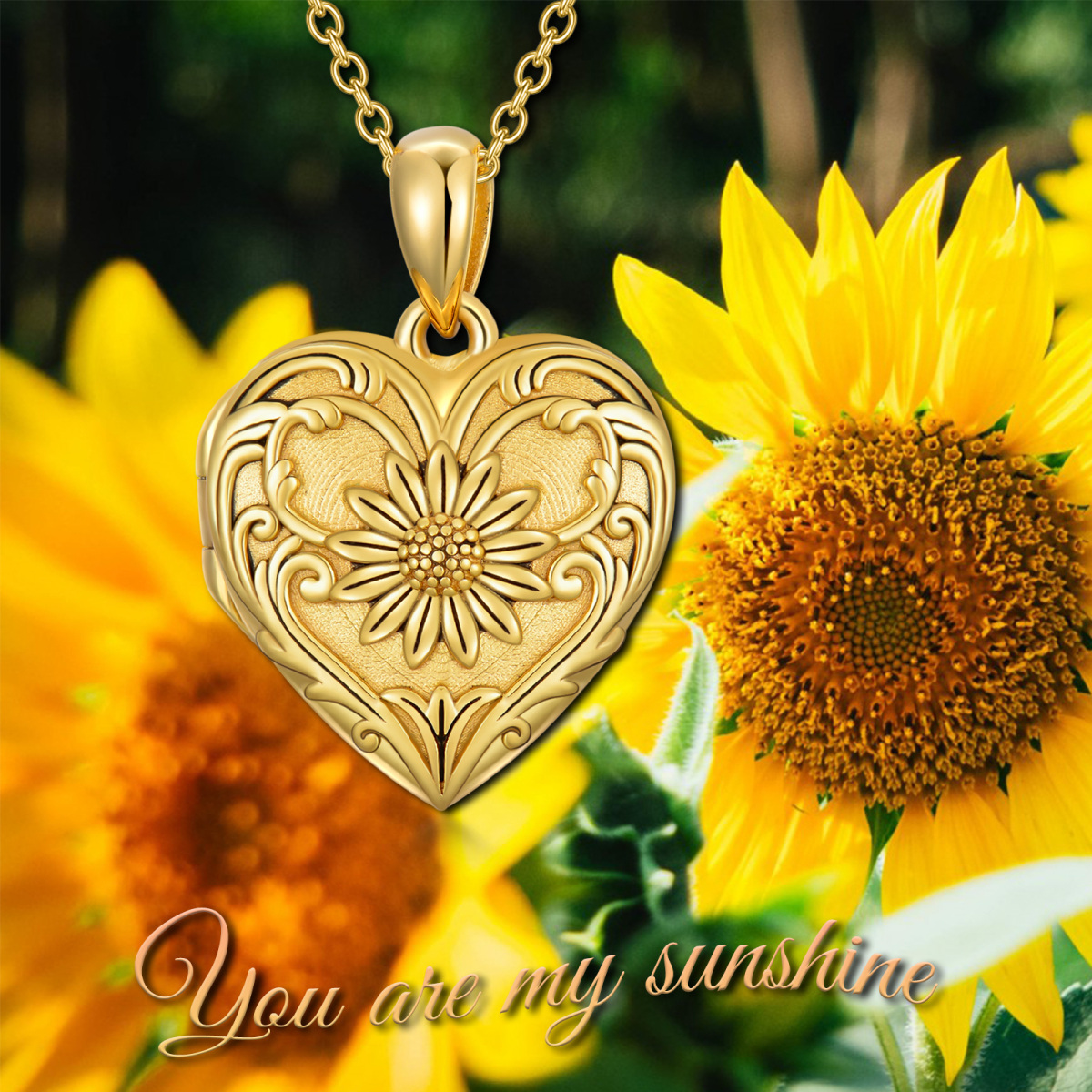 Collar con medallón de foto personalizado con corazón de girasol de oro de 10 quilates-7