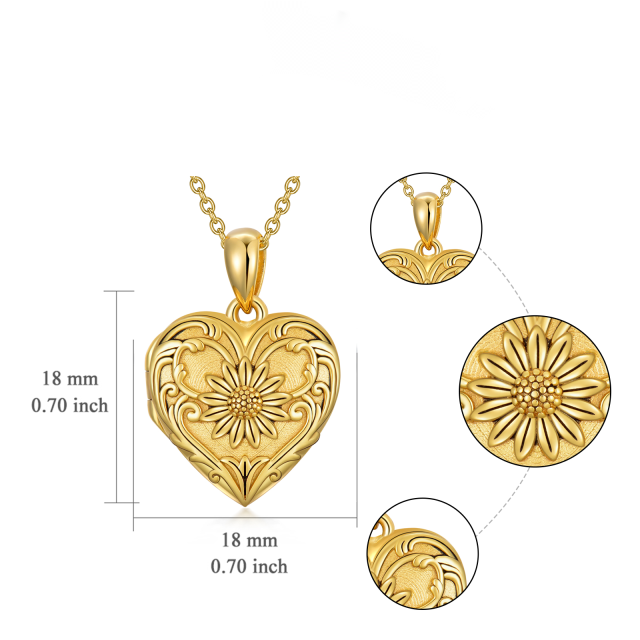 10K Gold & Personalized Engraving Sunflower & Personalized Photo & Heart Personalized Photo Locket Necklace-8