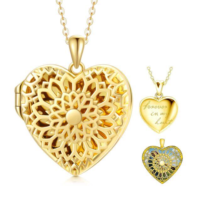 10K Gold & Personalized Engraving Sunflower & Personalized Photo & Heart Personalized Photo Locket Necklace-1