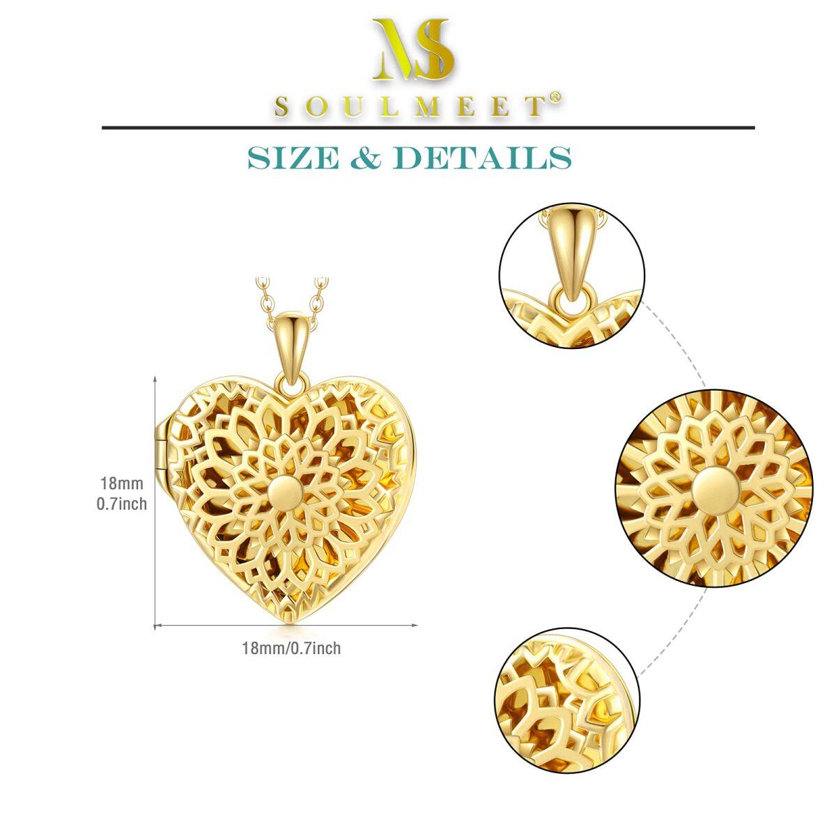 10K Gold & Personalized Engraving Sunflower & Personalized Photo & Heart Personalized Photo Locket Necklace-6