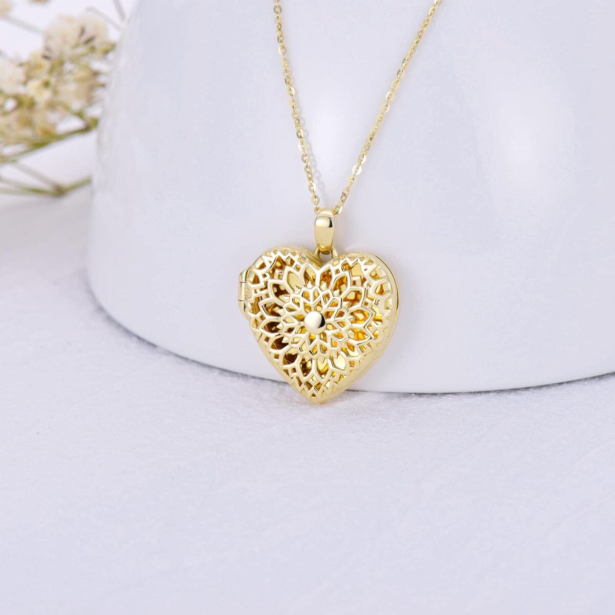 10K Gold Sunflower Heart Personalized Photo Locket Necklace-3