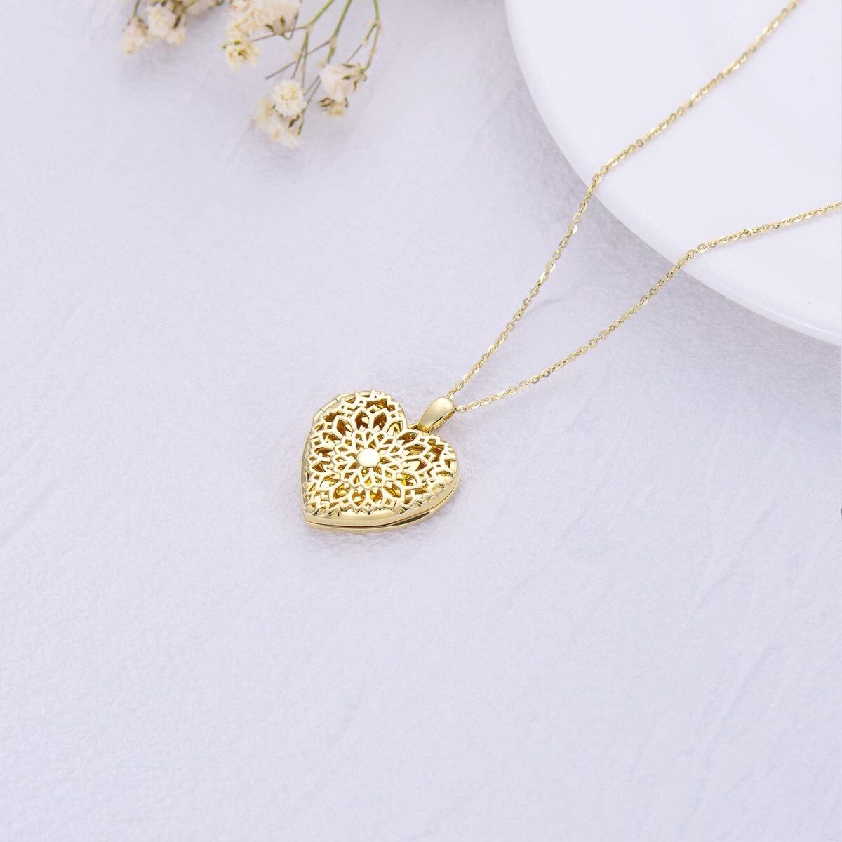 10K Gold & Personalized Engraving Sunflower & Personalized Photo & Heart Personalized Photo Locket Necklace-4