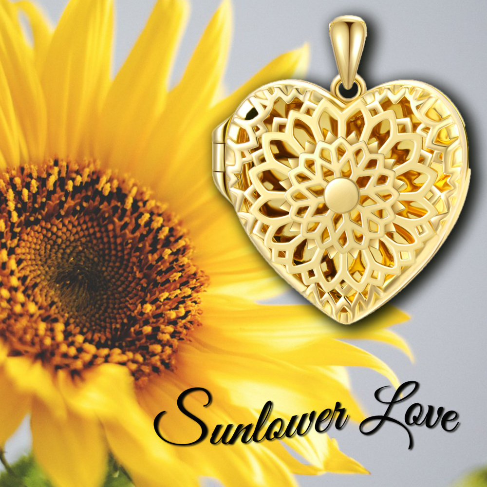 Collar con medallón fotográfico personalizado con corazón de girasol en oro de 10 quilates-7