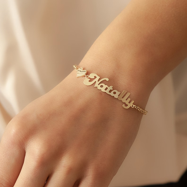 10K Gold Personalized Name Heart Pendant Bracelet-2