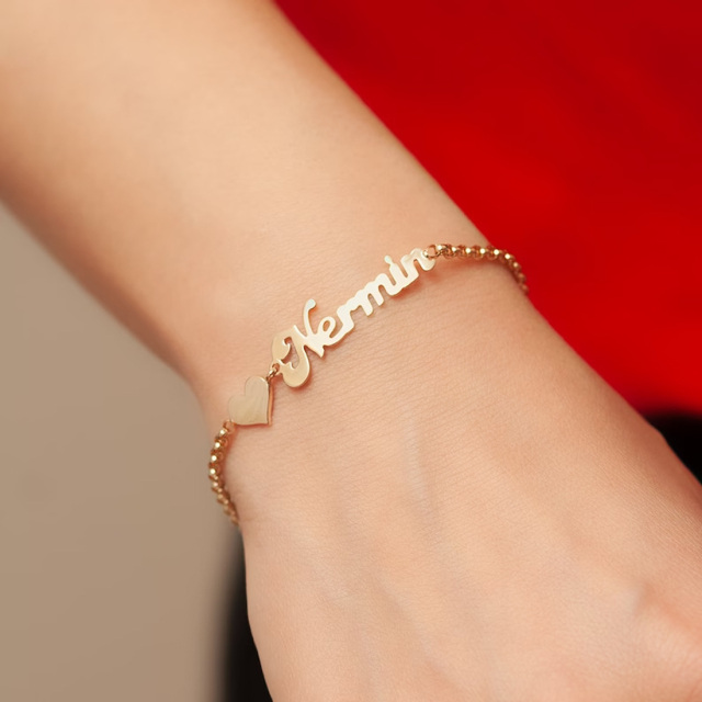 10K Gold Personalized Name Heart Pendant Bracelet-4