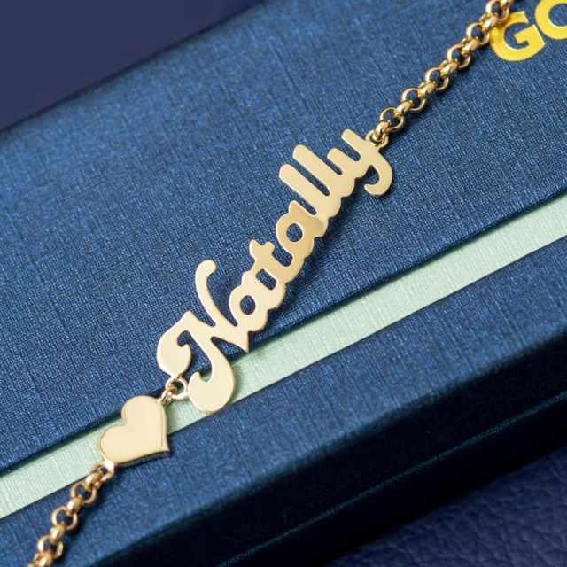 10K Gold Personalized Name Heart Pendant Bracelet-5