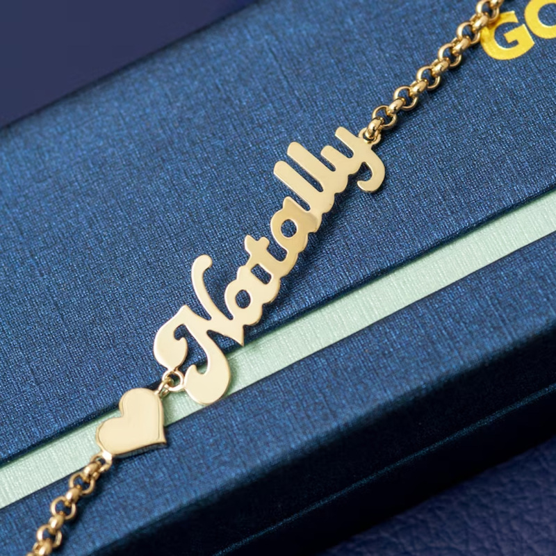 10K Gold Personalized Name Heart Charm Bracelet-5