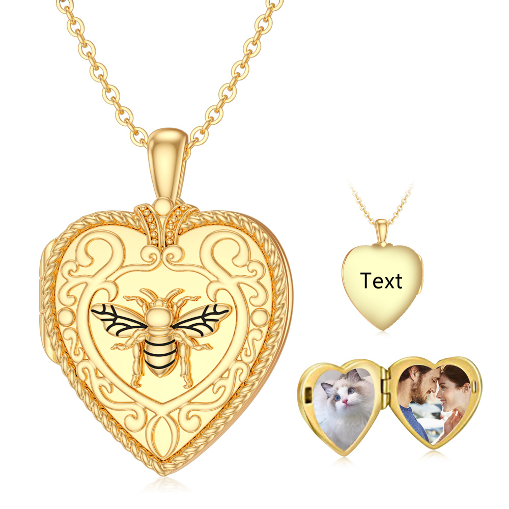 Colar com medalhão com foto personalizada coração em ouro 10K para mulheres-3