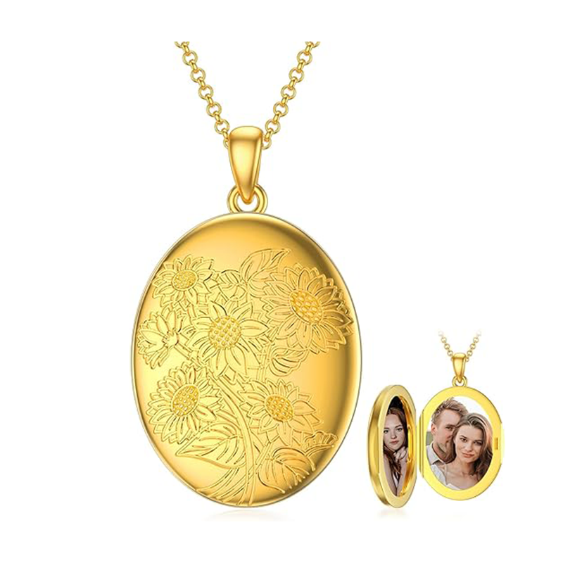 10K Gold Sunflower Personalised Photo Locket Necklace For Women-13
