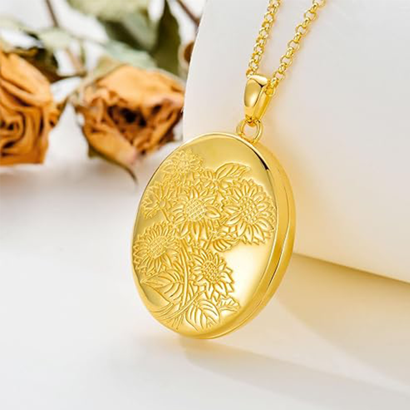 10K Gold Sunflower Personalised Photo Locket Necklace For Women-3