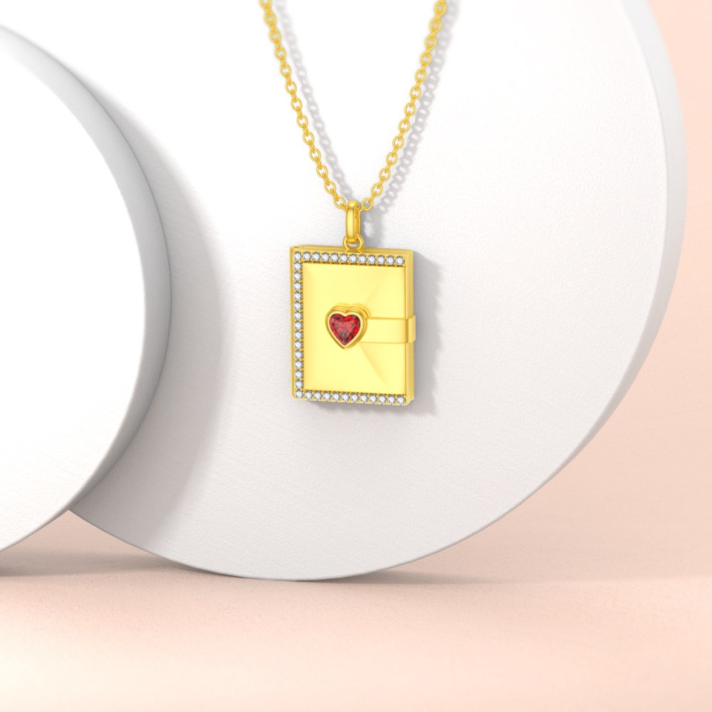 Colar com medalhão de foto personalizado quadrado de zircônia cúbica em ouro amarelo 10K com coração para mulheres-4