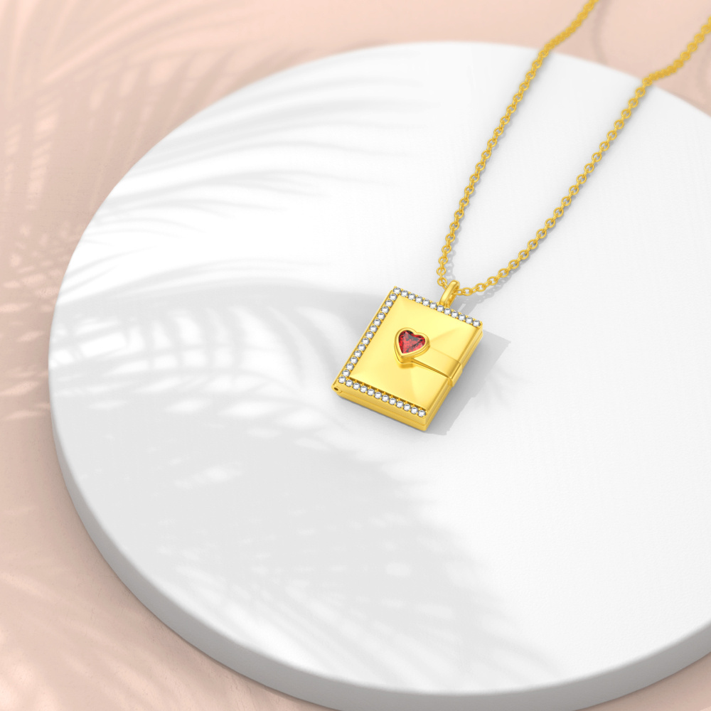 Colar com medalhão de foto personalizado quadrado de zircônia cúbica em ouro amarelo 10K com coração para mulheres-5