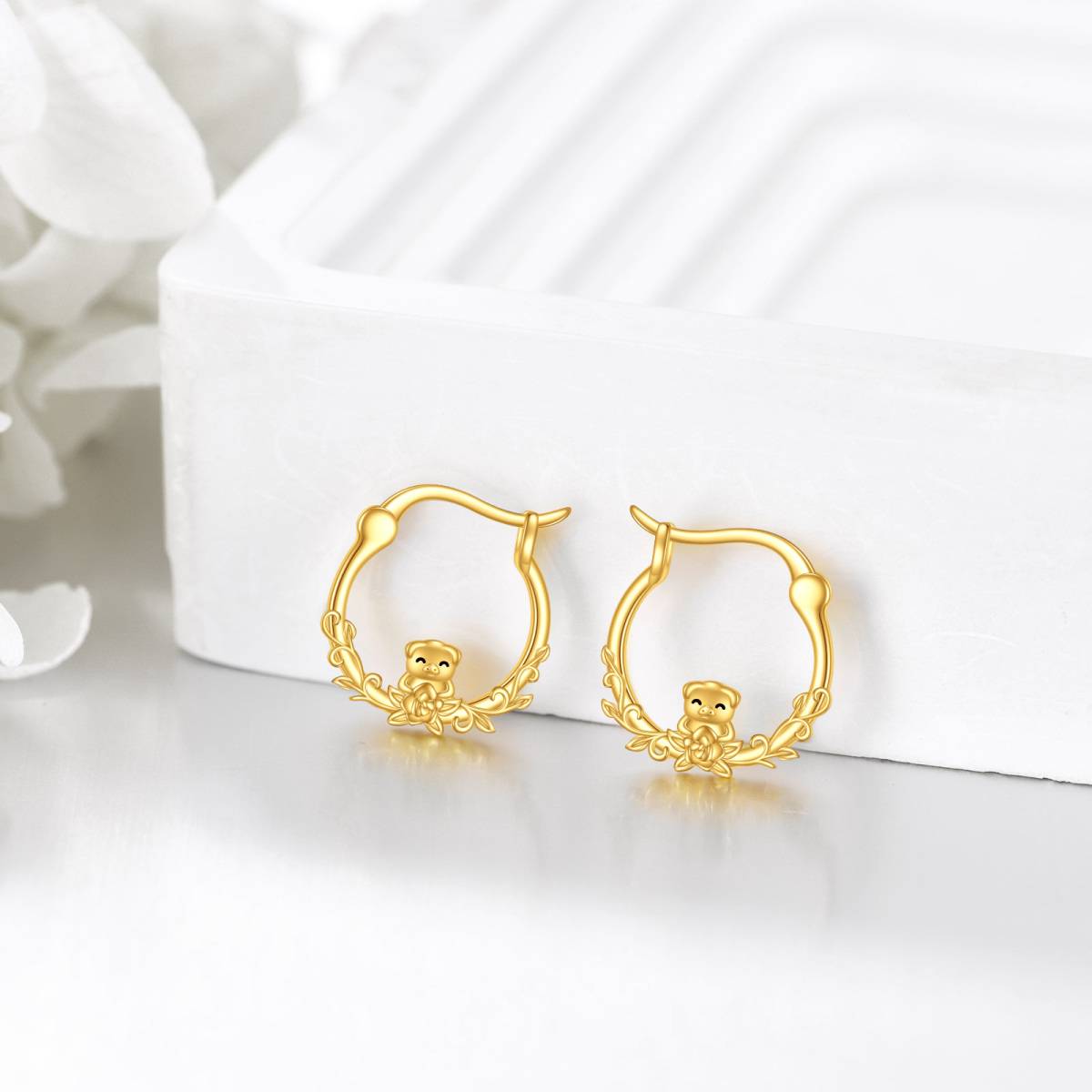 10K Gold Pig Hoop Earrings-4