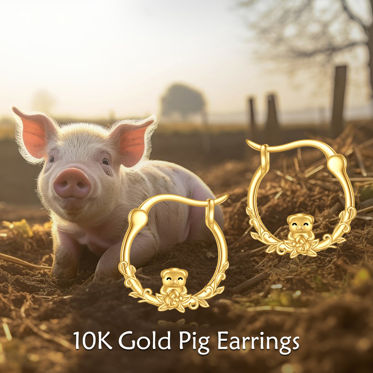 10K Gold Pig Hoop Earrings-6