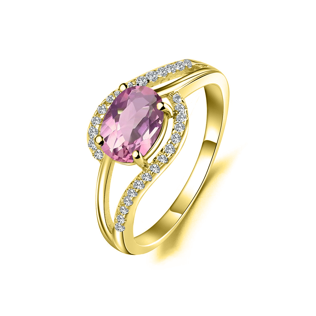 Anillo de piedra natal personalizado con circonita rosa de oro de 10 quilates-1