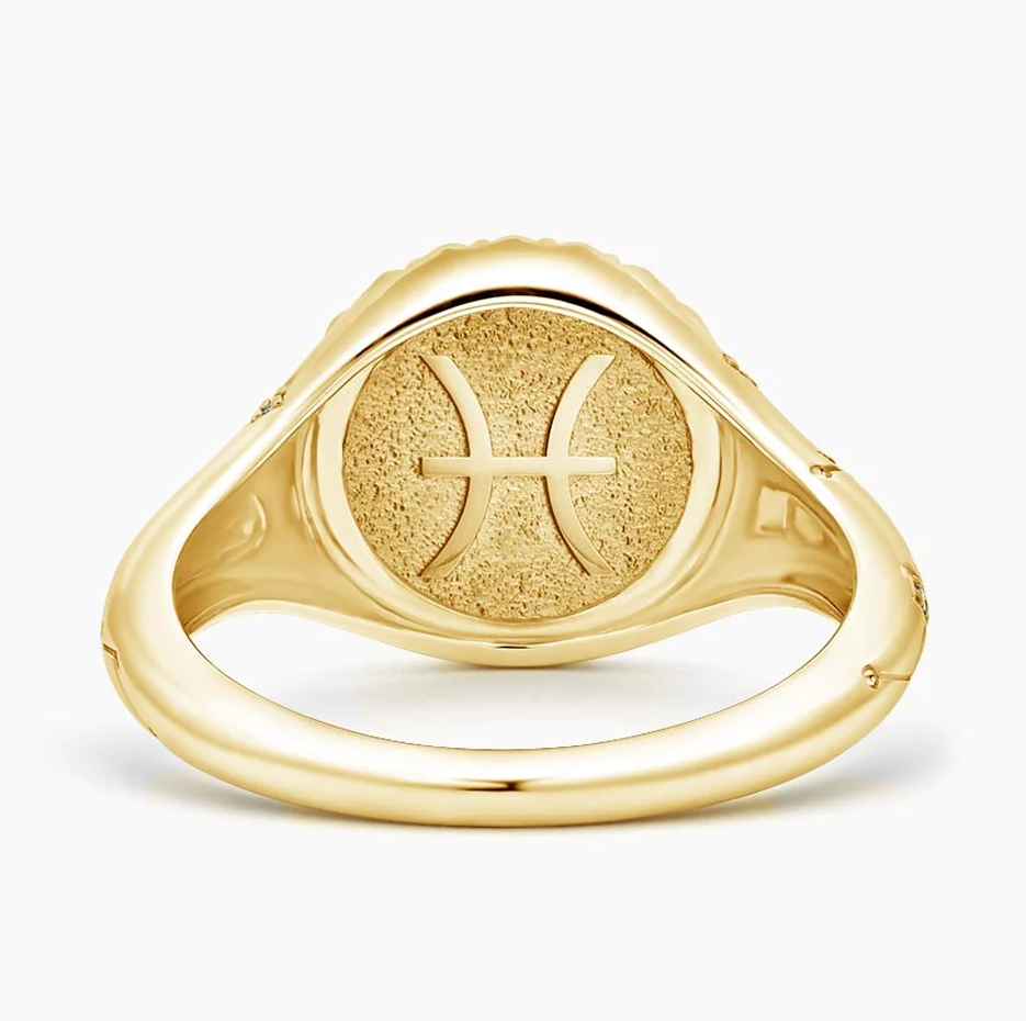 Zodíaco de Peixes em ouro 18K 0,02 CT.T.W. Aliança de Sinete Redonda com Diamante Natural-3