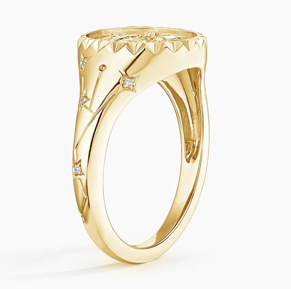 Zodíaco de Peixes em ouro 18K 0,02 CT.T.W. Aliança de Sinete Redonda com Diamante Natural-4