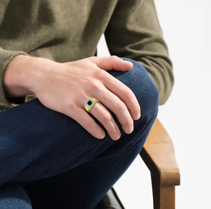 10K Gold Princess Cut Emerald & 0.25 CT.T.W. Natural Diamond Wedding Band for Men-2