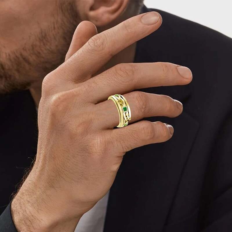 18K Gold Princess Cut Ring Eternity Band Ring Luxury Emerald Ring Green Gemstone Ring for Men-2