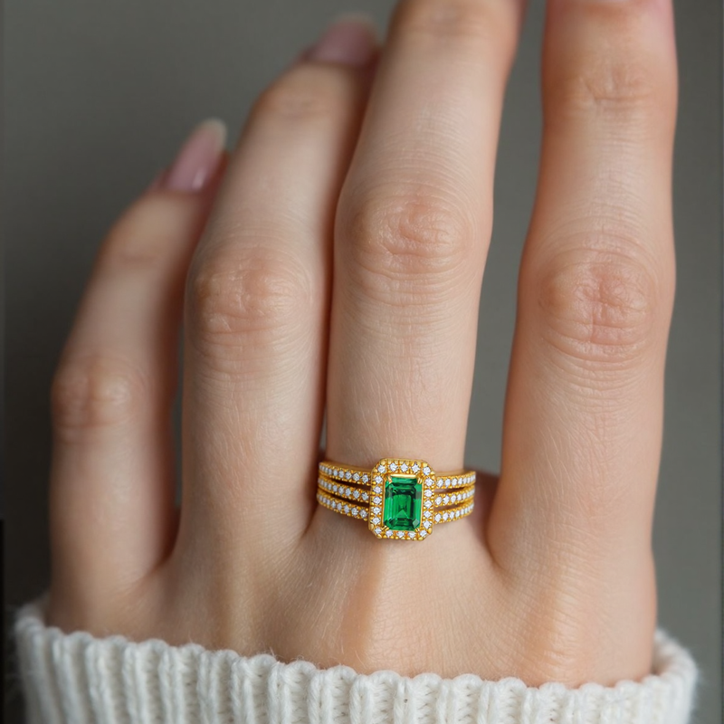 10K White Gold Princess-square Shaped Diamond & Emerald Custom Wedding Ring-4