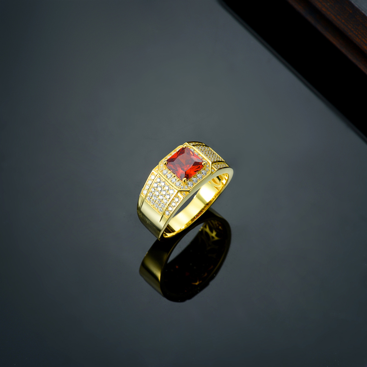 10K Gold Princess-square Garnet Personalized Engraving Ring for Men-4