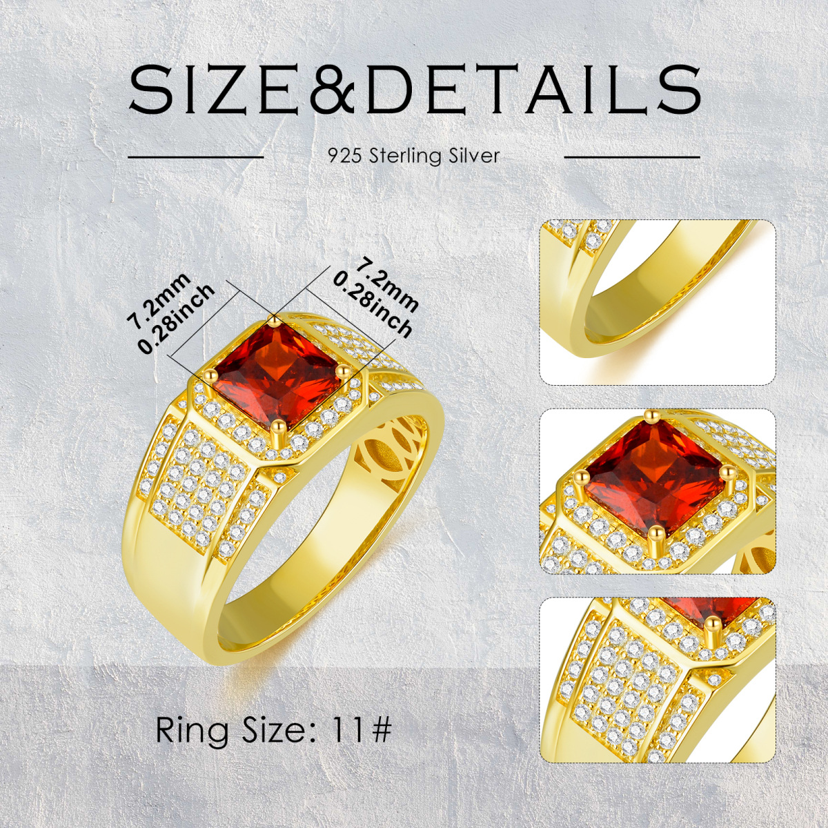 10K Gold Princess-square Garnet Personalized Engraving Ring for Men-7