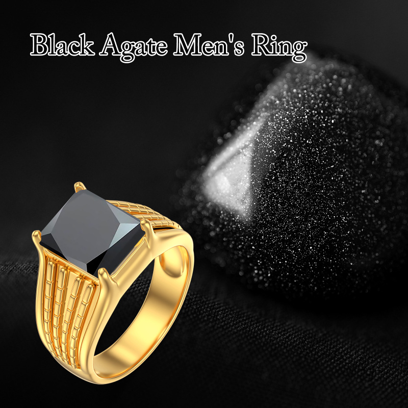 Anillo cuadrado de oro de 10 quilates con ágata talla princesa y grabado personalizado para hombre-6