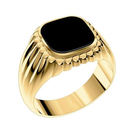 10K Gold Princess-square Shaped Black Agate Personalized Engraving & Square Ring for Men