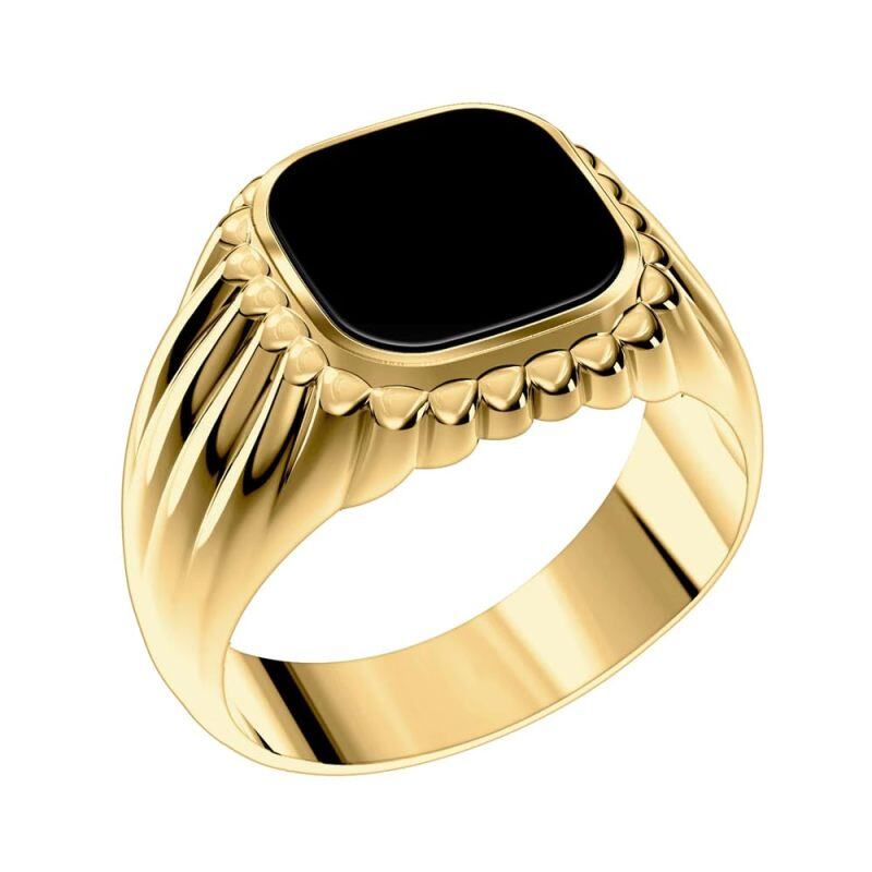 10K Gold Princess Cut Shaped Black Agate Personalized Engraving & Square Ring for Men-1