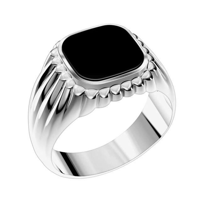 Bague carrée avec gravure personnalisée en agate noire en forme de carré de princesse en or 10 carats pour hommes-2