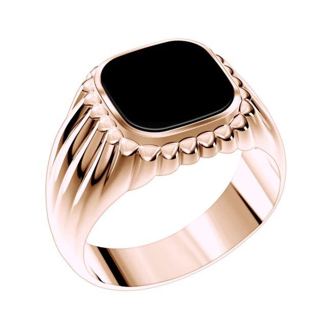 10K Gold Princess-square Shaped Black Agate Personalized Engraving & Square Ring for Men-3