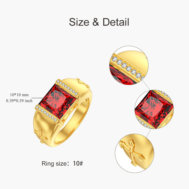 10K Gold Princess-square Shaped Crystal Personalized Engraving & Cross Wedding Ring for Men-3