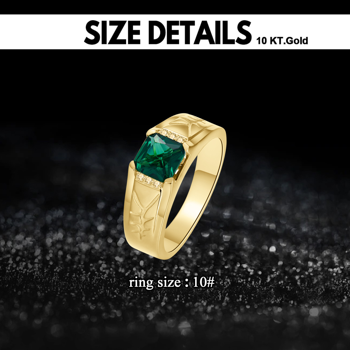 10K Gold Princess Emerald Personalized Engraving Men's Gemstone Ring Anniversary Rings-5