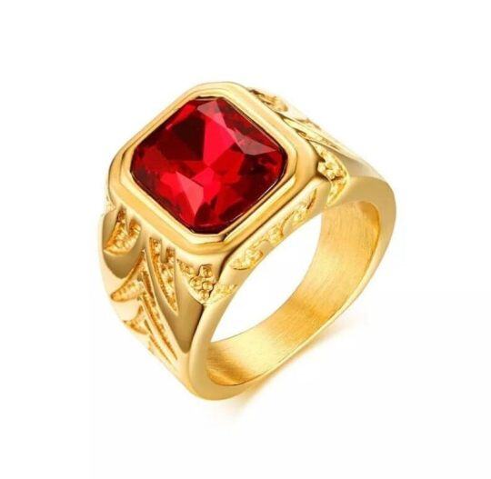 10K Gold Princess-square Shaped Garnet Vintage Pattern Square Ring for Men-1