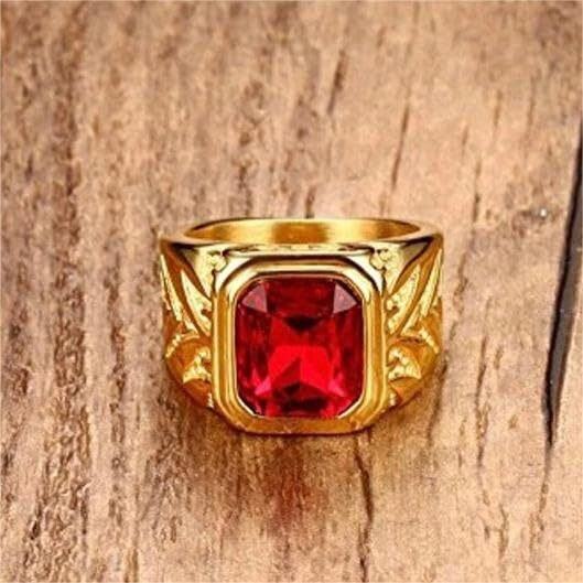 10K Gold Princess-square Shaped Garnet Vintage Pattern Square Ring for Men-2