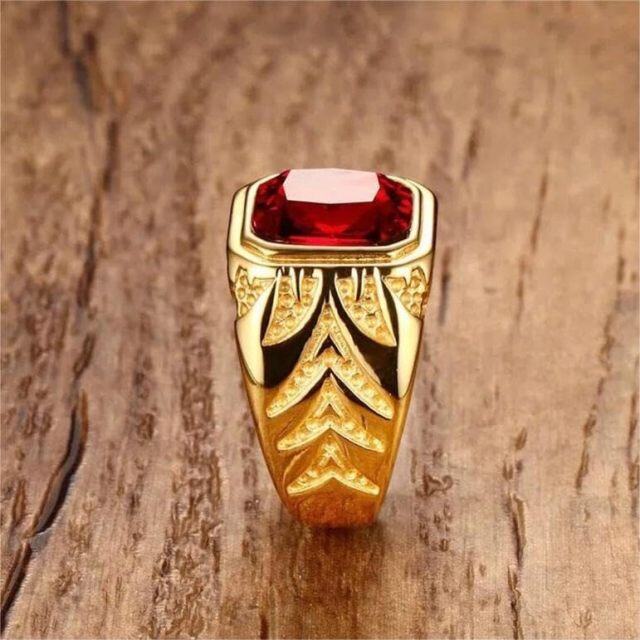 10K Gold Princess-square Shaped Garnet Vintage Pattern Square Ring for Men-3